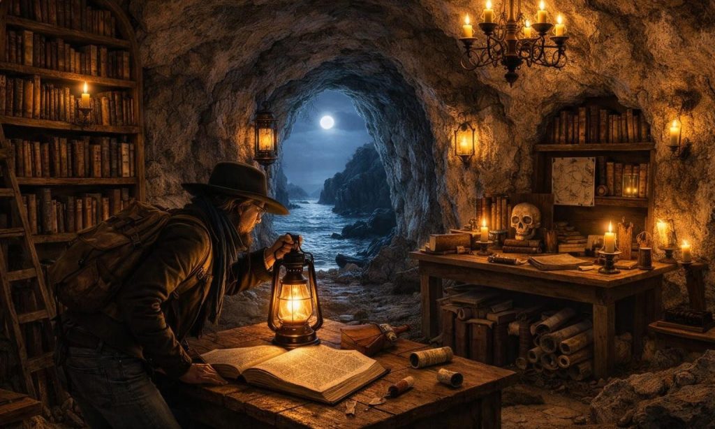 Explorer with lantern reading a large old book in a cave filled with books and ancient artifacts